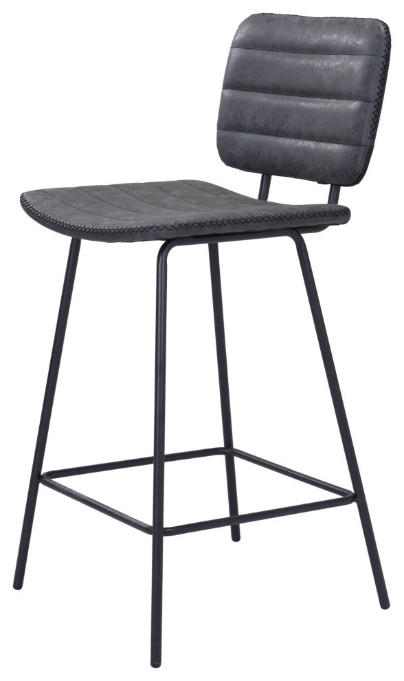 Counter Stool Chair, Set of 2, Faux Vinyl Leather, Steel, Vintage Black, Cafe