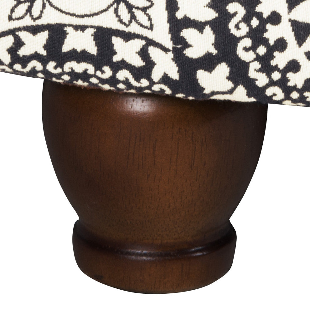 Benzara BM194943 Fabric Upholstered Ottoman With Wooden Bun Feet, Cream/Black