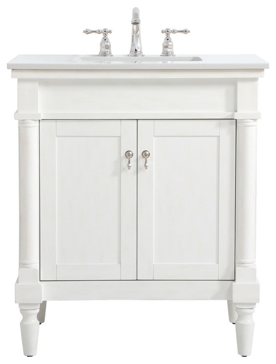 Home Living 30" Single Vanity, Antique White With Engineered Marble Top