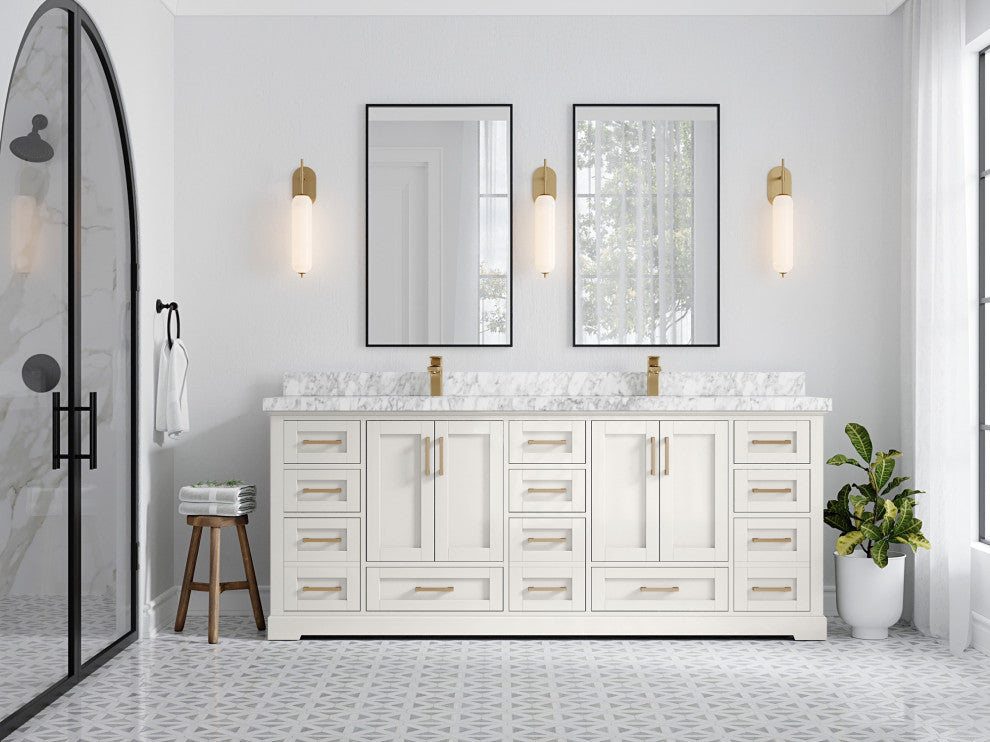 Boston 84" Double Sink Bath Vanity in Alabaster 2" Carrara Marble