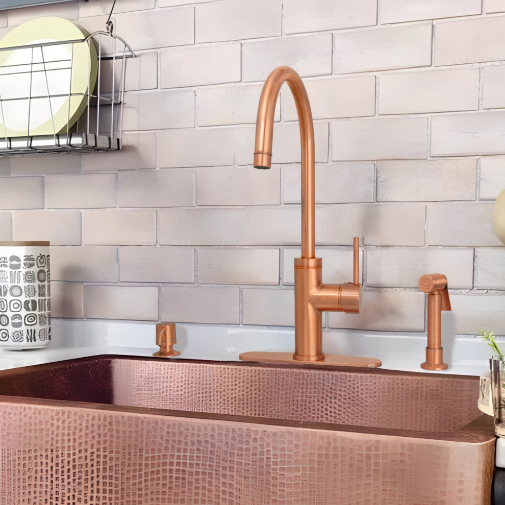 Akicon One-Handle Copper Widespread Kitchen Faucet, Side Sprayer, Copper