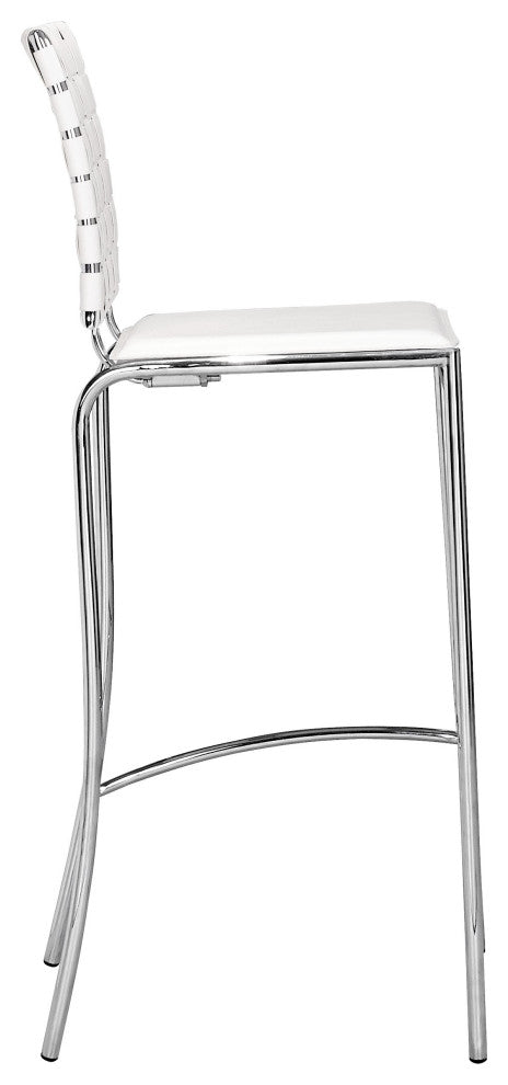 Set of Two White Faux Leather and Steel Modern Basket Weave Bar Chairs