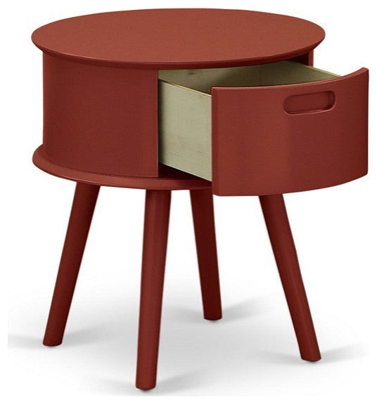 Gordon Round Night Stand End Table With Drawer, Burgundy Finish