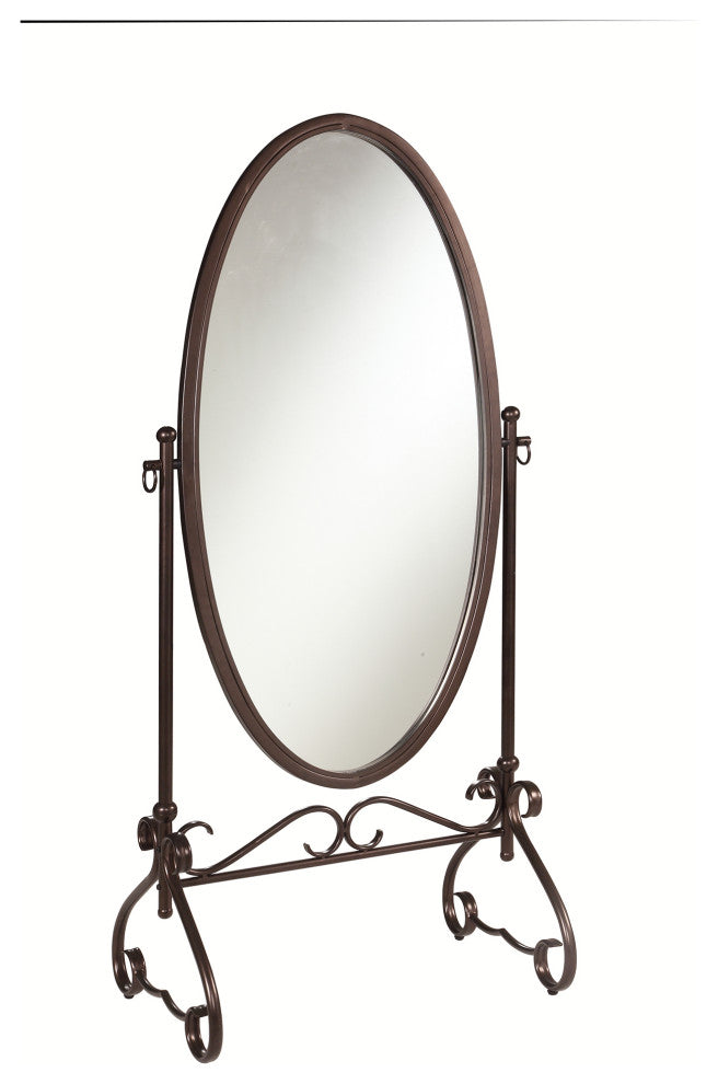 Benzara Oval Shaped Metal Cheval Mirror with Scrollwork Base, Brown and Clear