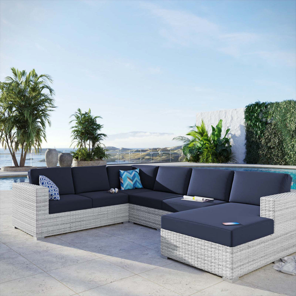 Lounge Sectional Sofa Chair Set, Rattan, Wicker, Gray Blue Navy, Outdoor
