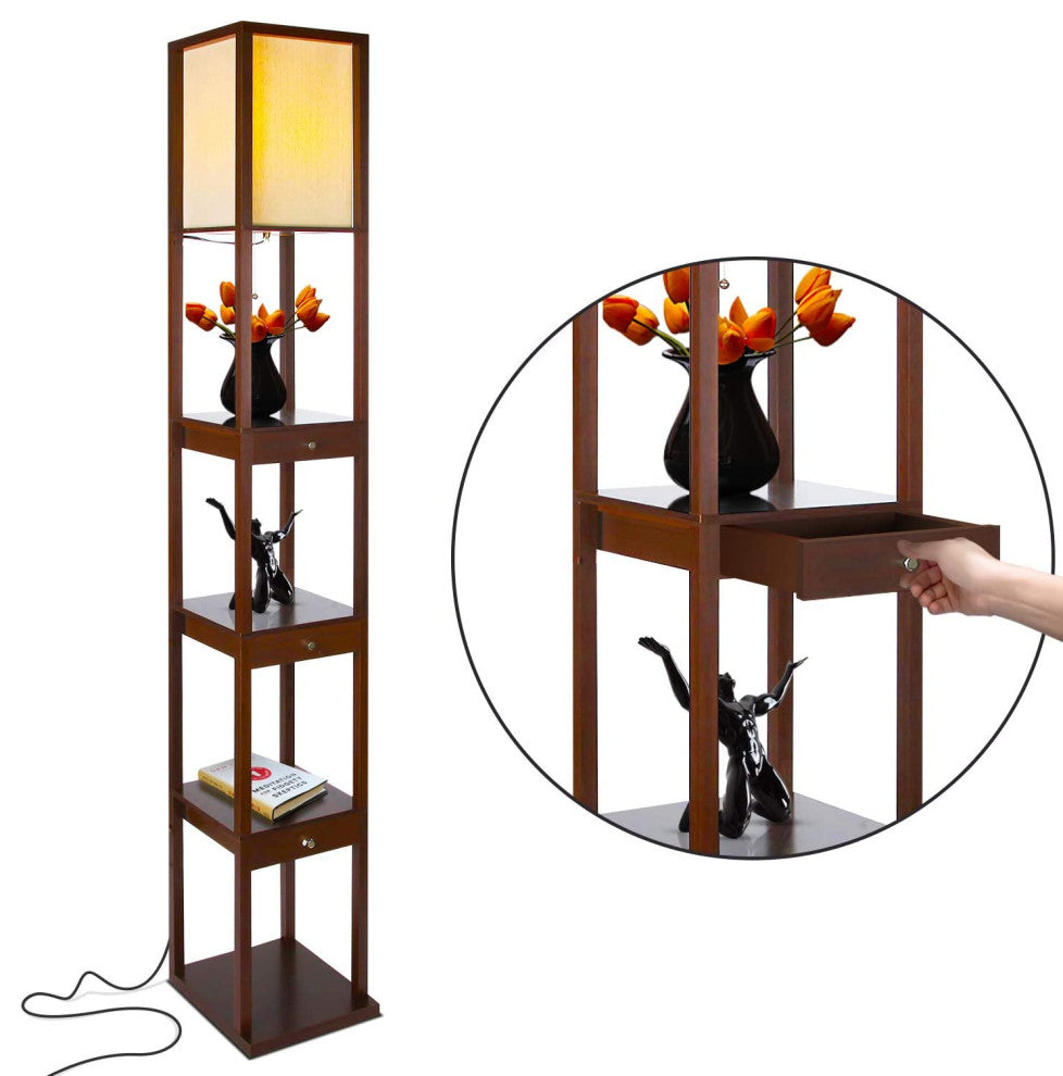 Brightech Maxwell Drawer Edition - Shelf & LED Floor Lamp Combination, Havana Brown