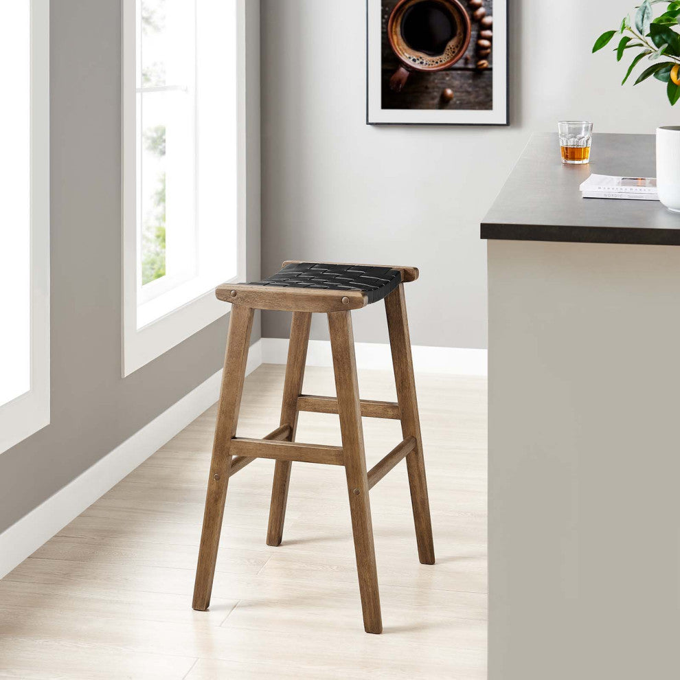 Saoirse Faux Leather Wood Bar Stool, Set of 2, Walnut Black