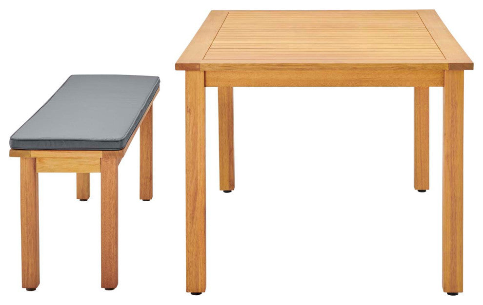Side Dining Bench Chair and Table Set, Rectangular, Wood, Natural Gray, Outdoor