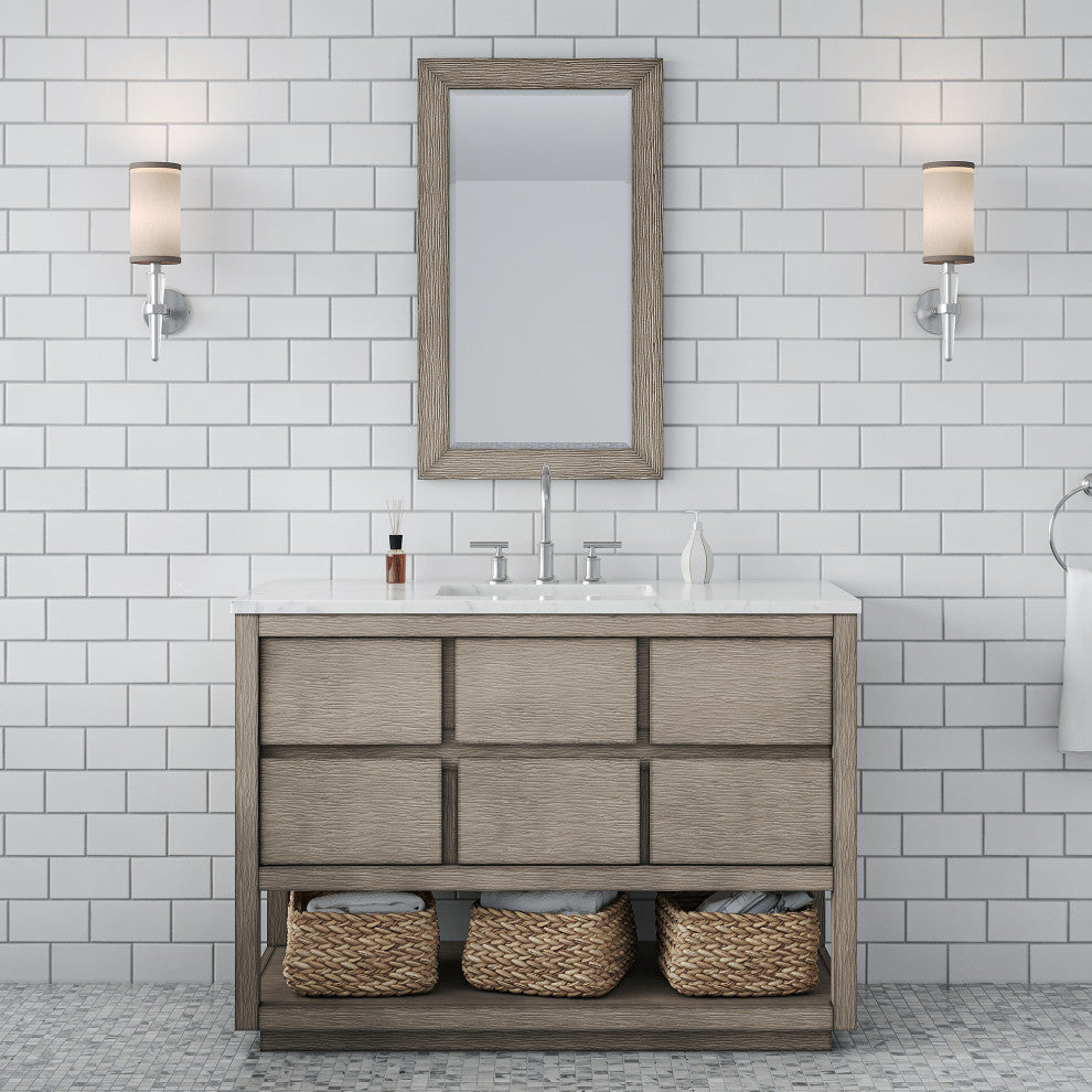 Oakman Marble Top Vanity in Grey Oak with Faucet, 48", Vanity With Chrome Faucet