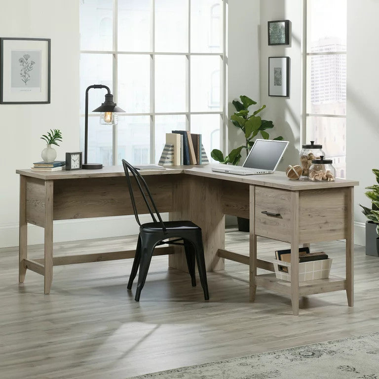 L-Shaped Desk, Large Top With Grommet Cable Management & Drawer, Laurel Oak