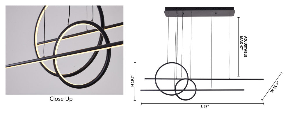 57" Black Iron LED Chandelier With White Acrylic Diffusers