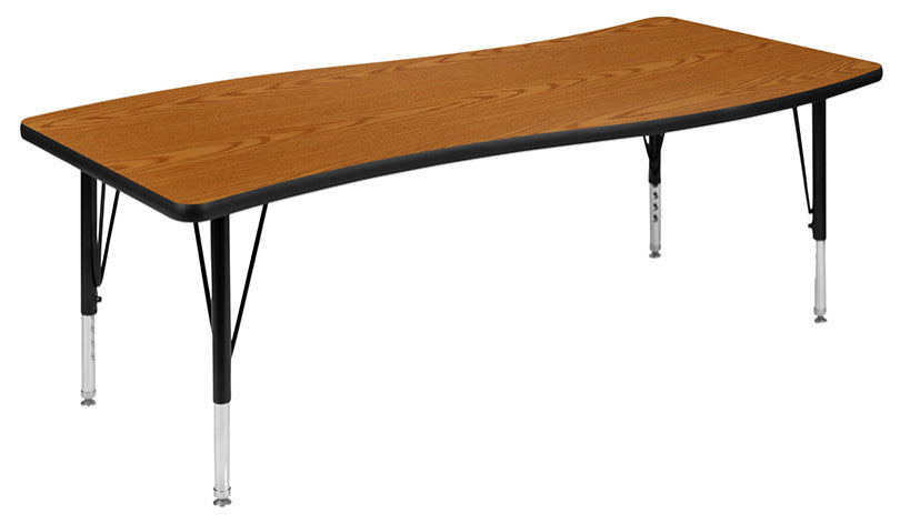 3 Piece 86" Oval Wave Activity Table Set - Height Adj. Short Legs, Oak