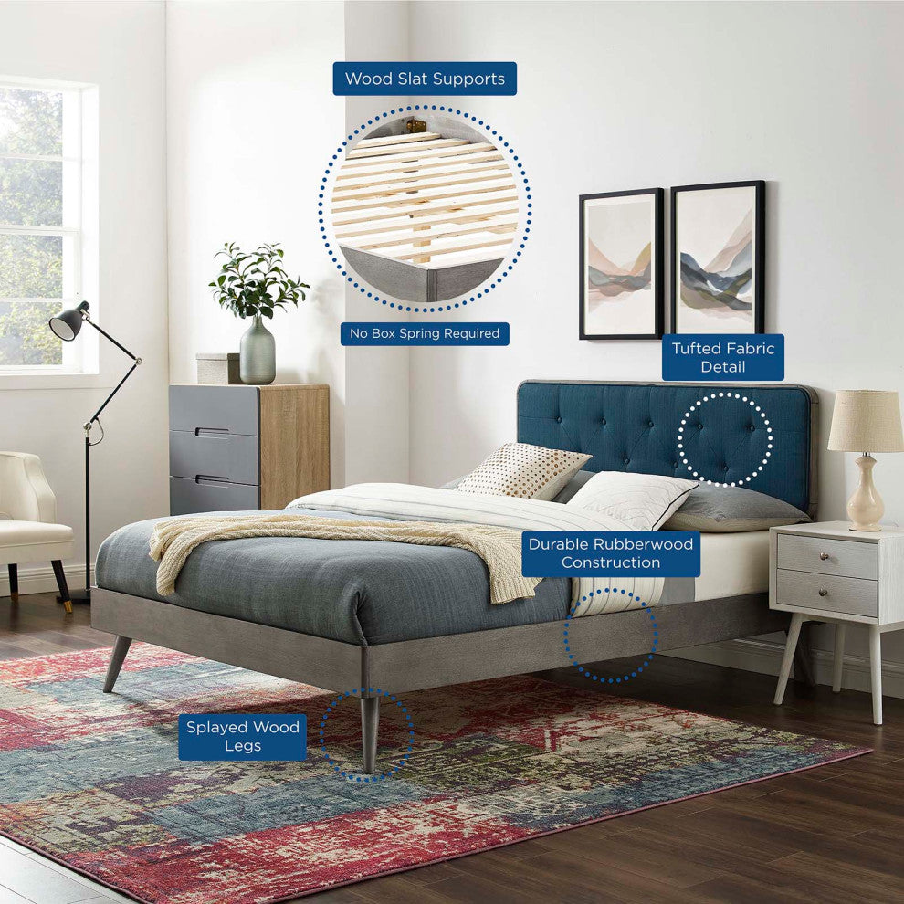 Platform Bed Frame, Twin Size, Wood, Grey Gray Navy Blue, Modern Contemporary