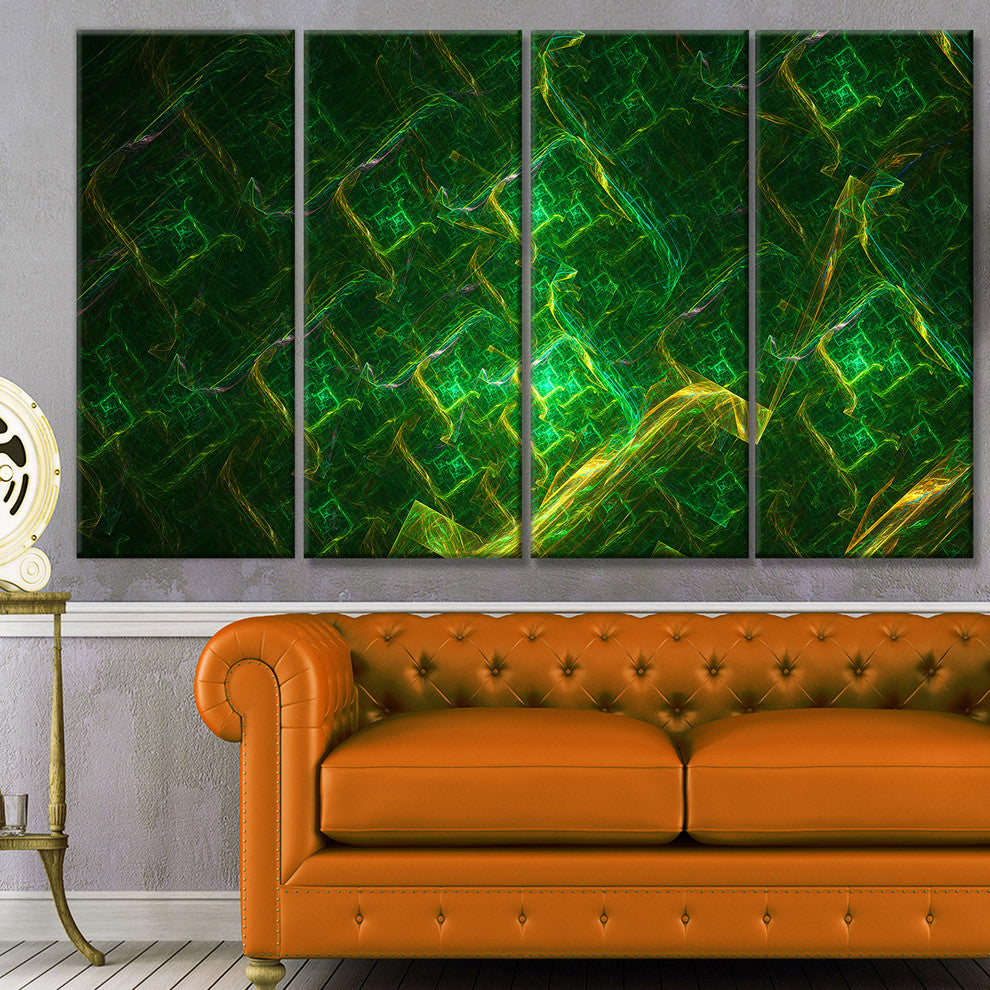 Green Fractal Electric Lightning, Abstract Art on Canvas, 48"x28", 4 Panels