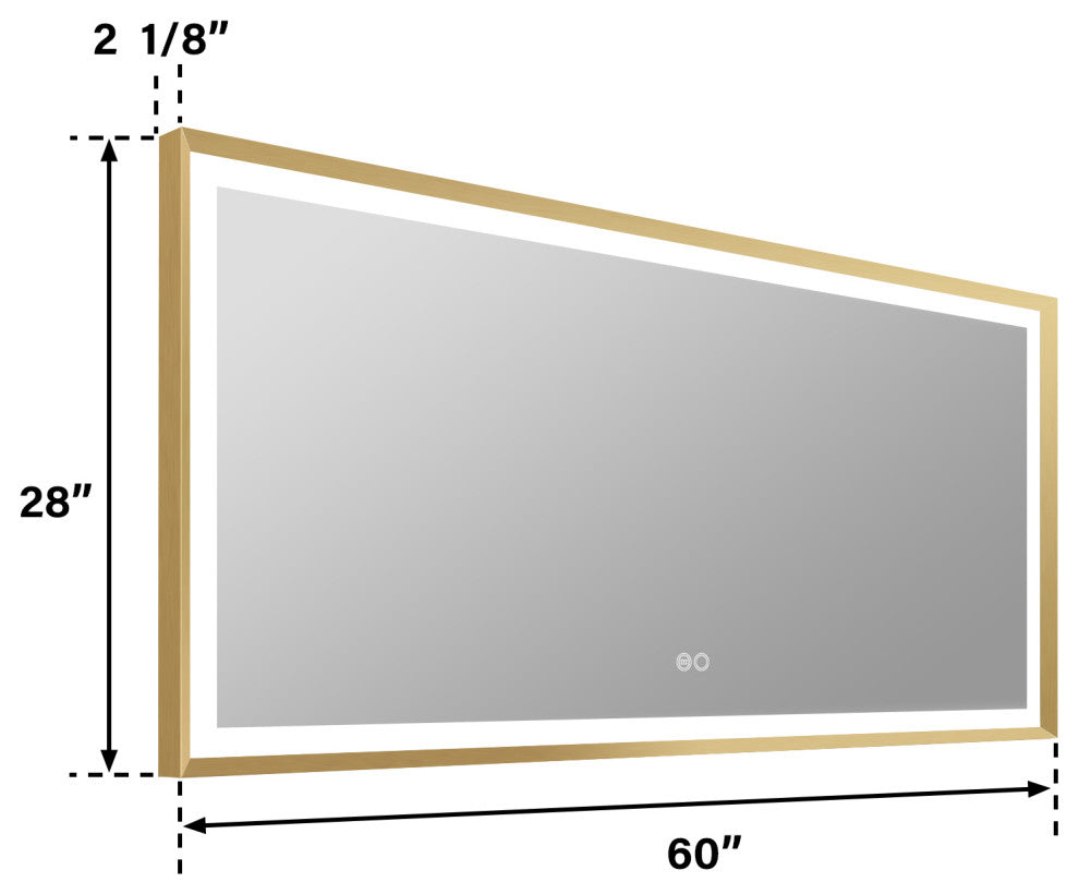 Beveled Bathroom LED Mirror Framed, Backlit and Front Light, Gold, 60"x28"