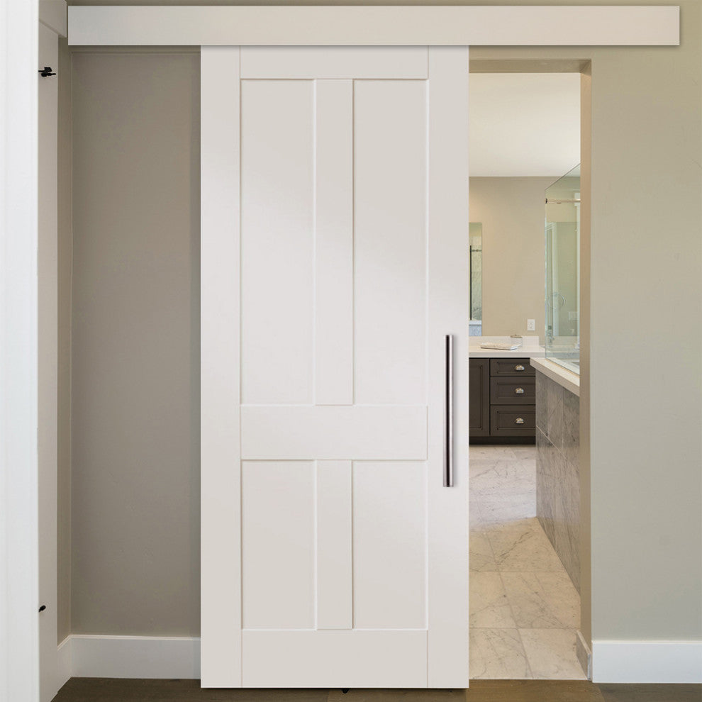 Shaker Wood Sliding Barn Door with 10 different panel designs, Primed White, 34"x84"