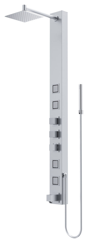 Bowery 58" H x 5" W 4-Jet Shower Panel with Square Shower Head and Tub Filler, Stainless