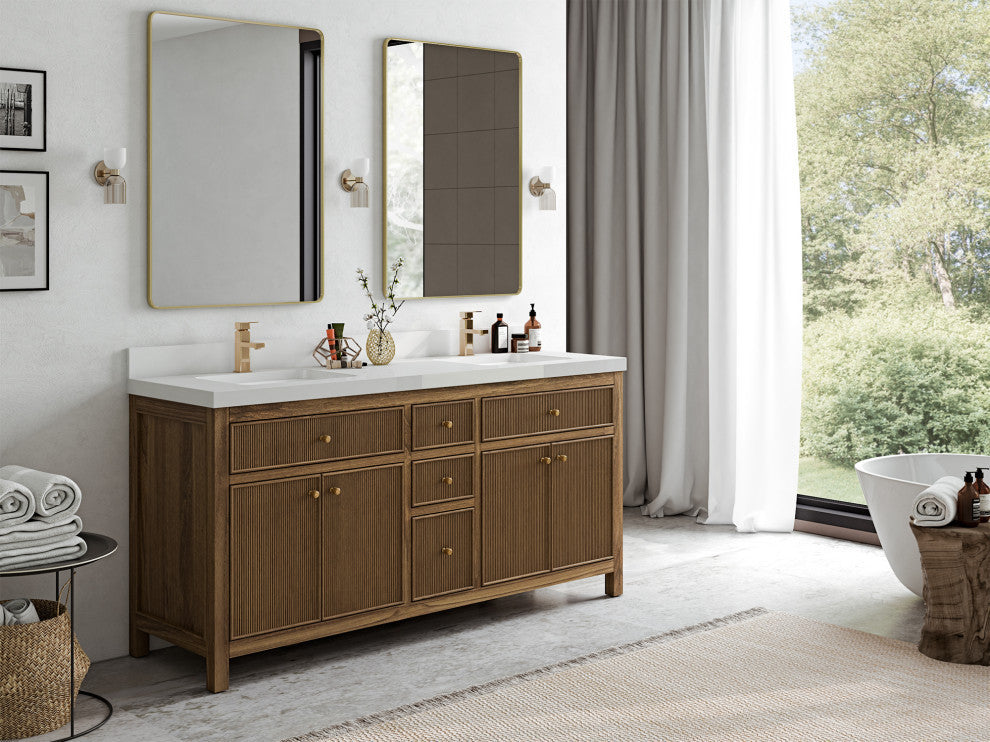 Sonoma Teak 72 Double Sink Bath Vanity in Dark Natural with 2" Carrara Marble