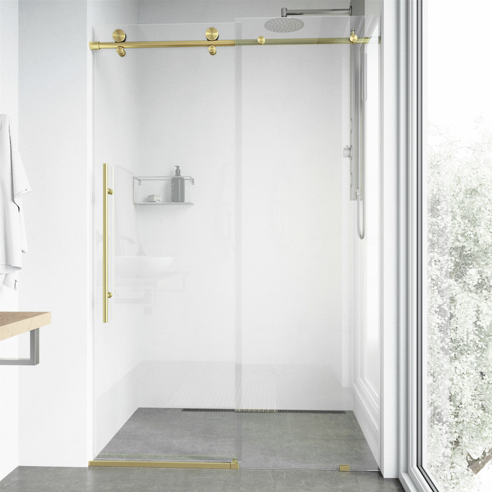 VIGO Elan E-Class 48" to 52" W x 76" H Frameless Sliding Shower Door, Matte Gold, Clear Glass