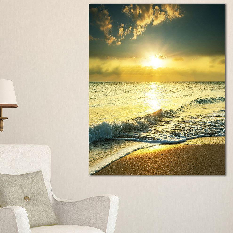 "Yellow Sunlight Over Crystal Waters" Seashore Canvas Wall Art, 20"x40"