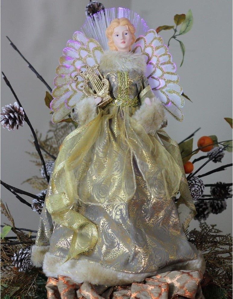 16" Battery-Operated Angel, Gold Gown With Harp Christmas Tree Topper