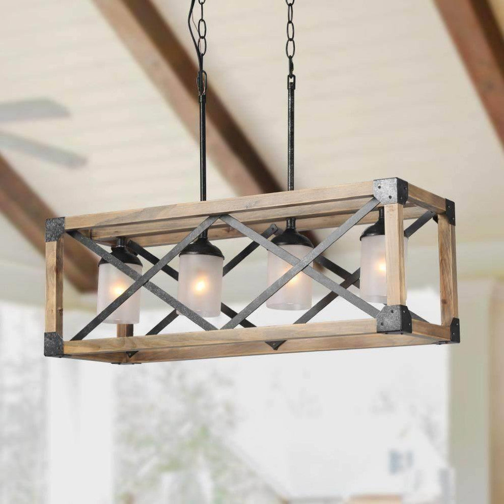 LNC 4-Light Farmhouse Distressed Wood Linear Kitchen Island Light, Frosted Glass Shade