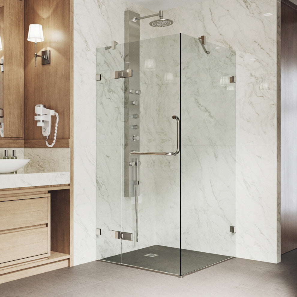 VIGO Monteray 30"D x 30"W x 73"H Frameless Hinged Shower Enclosure, Brushed Nickel, Without Base