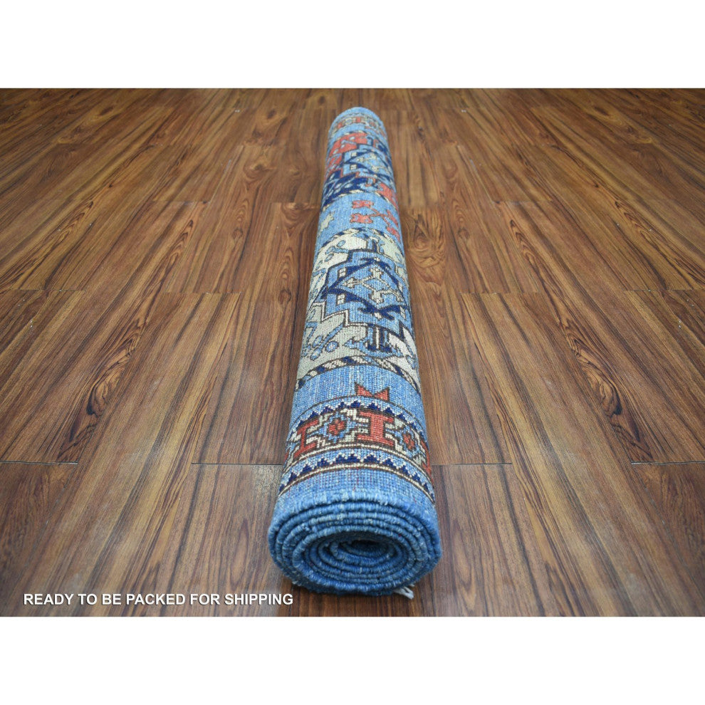 Blue Dense Weave Soft Wool Hand Knotted Afghan Ersari Wide Runner Rug, 4'6"x10'
