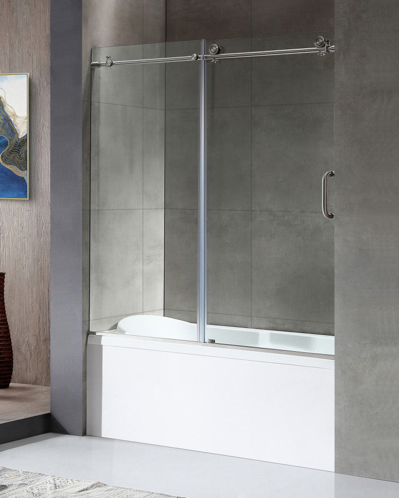 ANZZI Raymore 59" x 62" Frameless Sliding Tub Door, Brushed Nickel