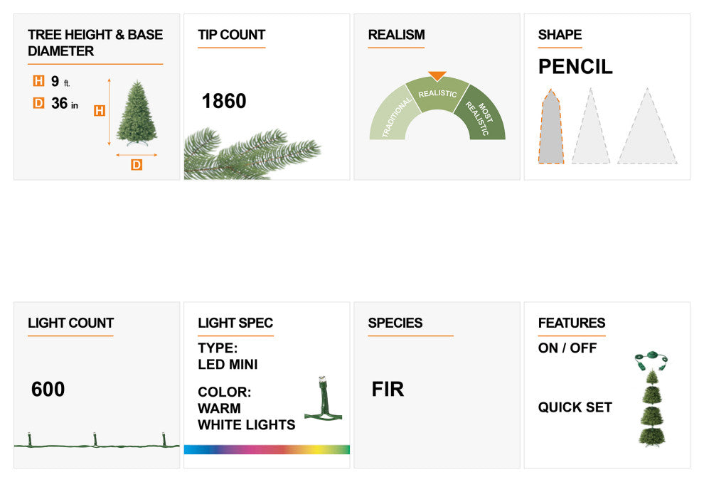 9ft Pre-Lit Flocked Pencil Fir Artificial Christmas Tree With 600 Warm Light