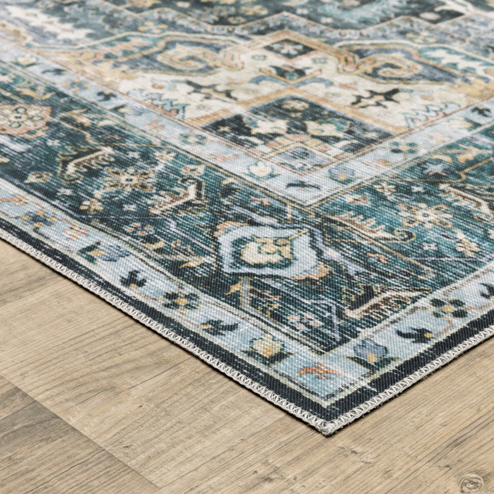 Celestia Machine Washable Medallion Indoor Area Rug, Blue, 7'6"x10'