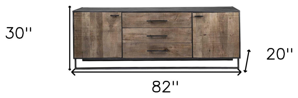82" Brown and Black Solid Wood Three Drawer Sideboard With 2-Doors