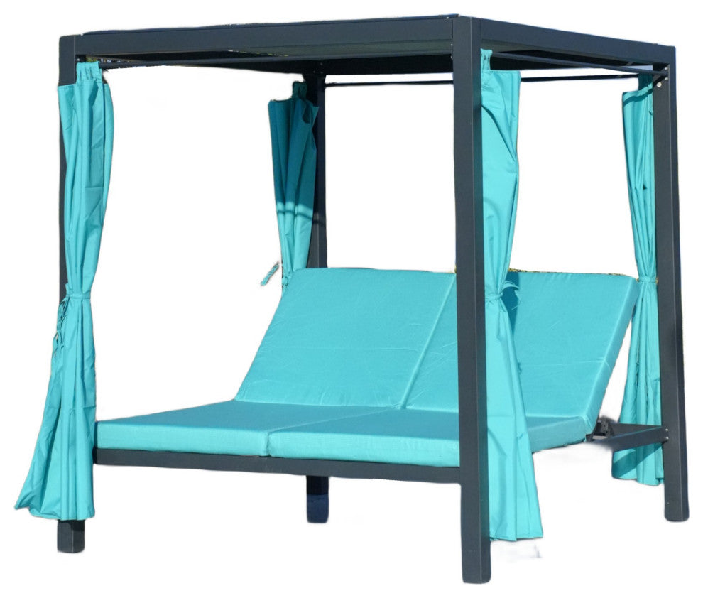 Outdoor Dual Chaise Lounger Cushioned Sunbed With Adjustable Curtains & Canopy, Cyan