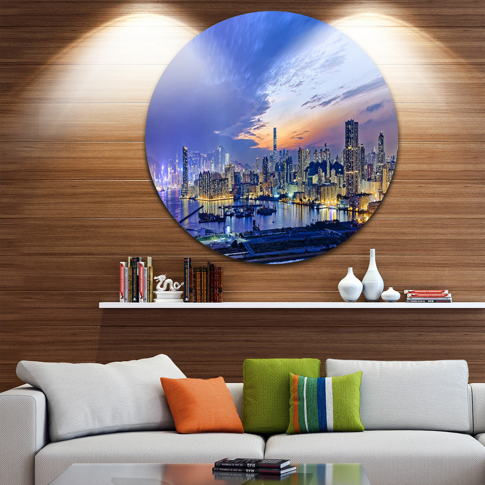 Hong Kong City Sunset Panorama, Cityscape Disc Metal Artwork, 11"