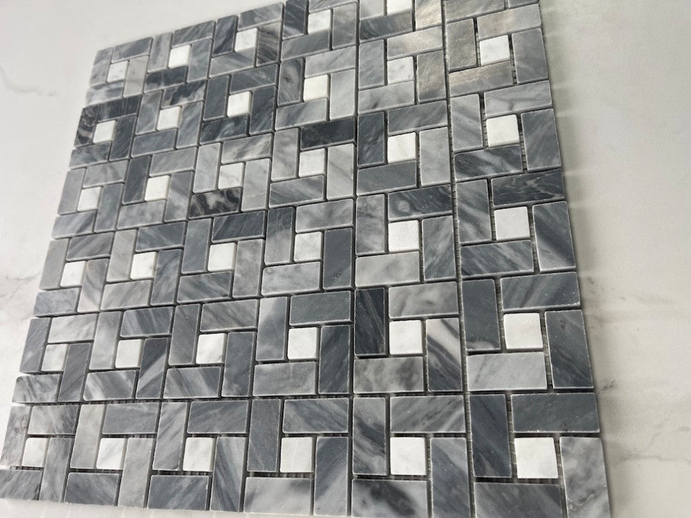 Bardiglio Gray Dark Grey Marble Pinwheel Mosaic Tile White Dots Honed, 1 sheet