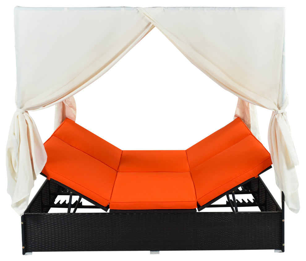 2-Piece Outdoor Wicker Patio Sunbed Daybed With Cushions And Adjustable Seats, Black Orange