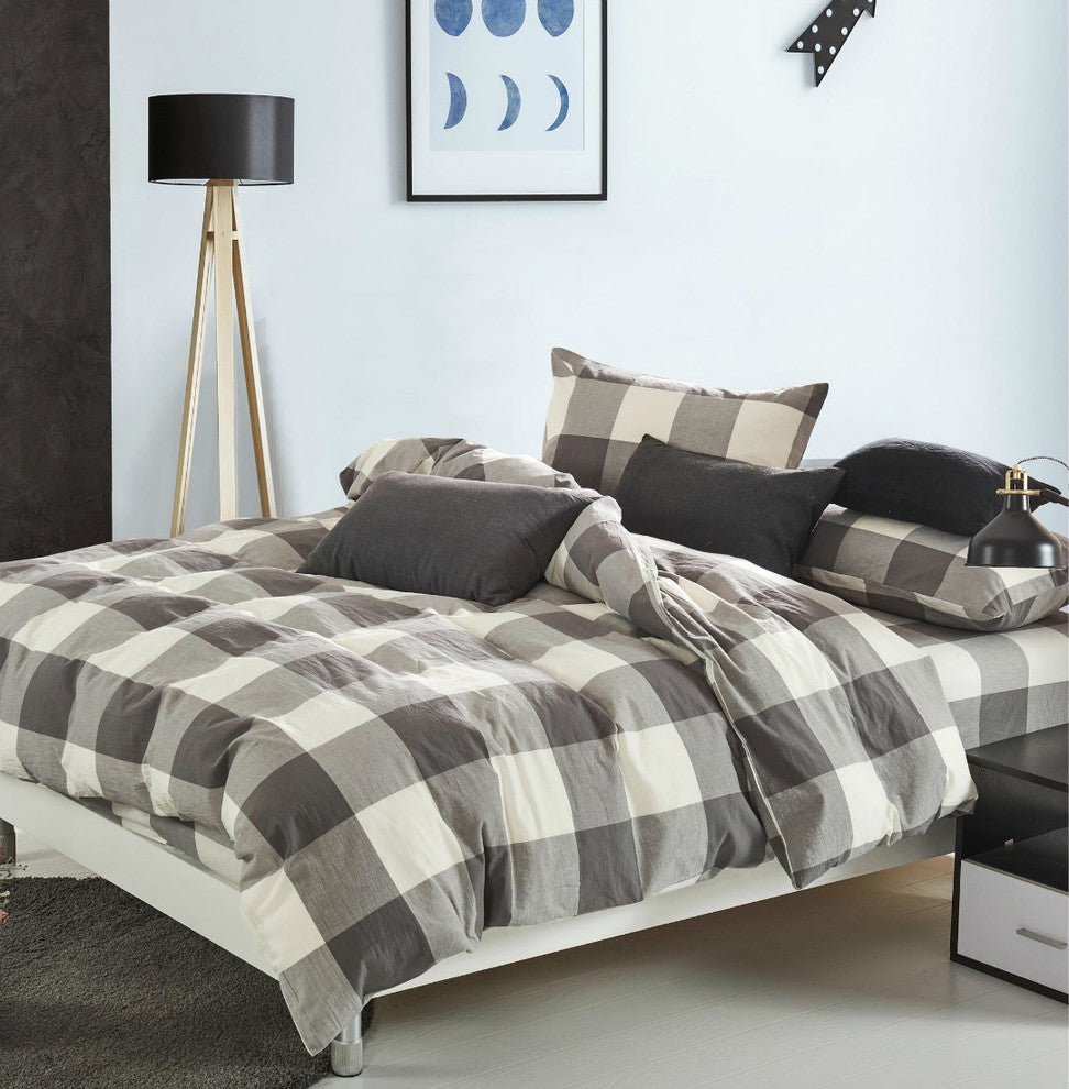 Gingham Washed Cotton 3 Piece Duvet Set, Grey, King (102" X 90")