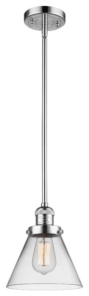 1-Light Large Cone 8" Pendant, Polished Chrome, Glass: Clear