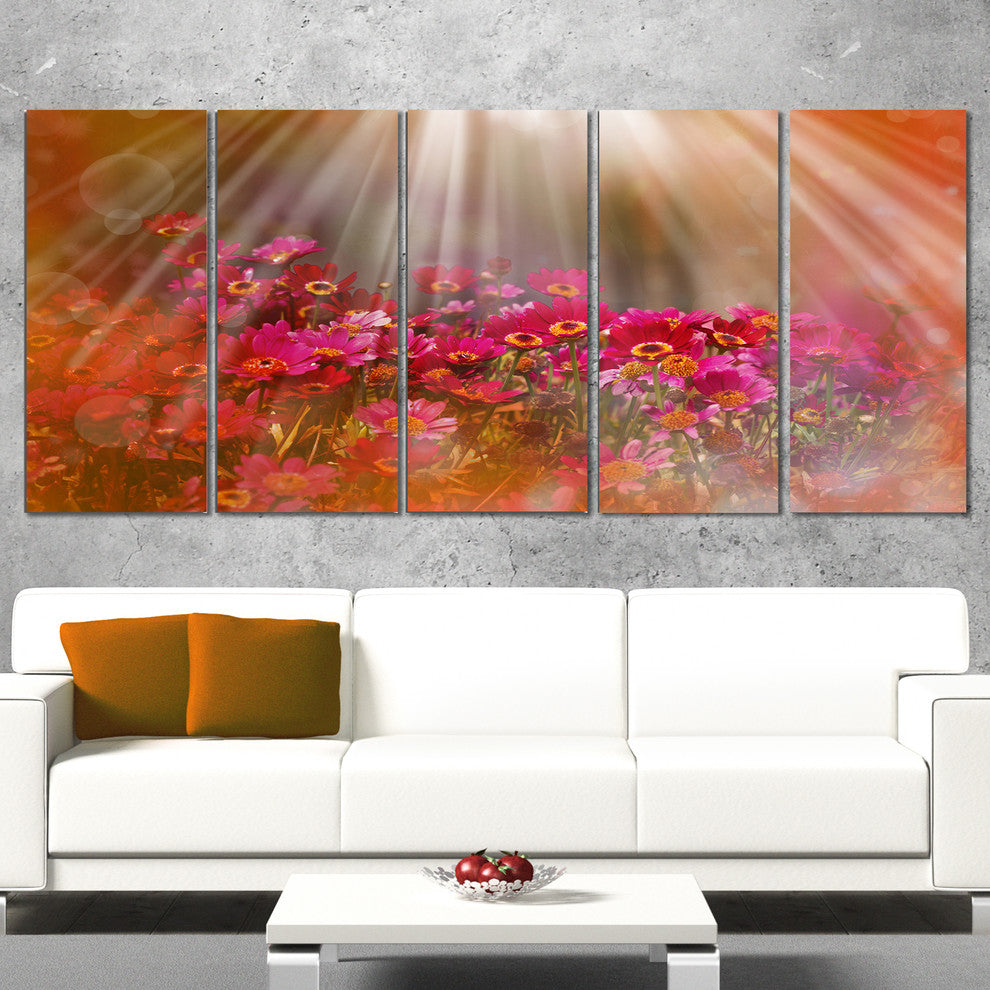 Sunlight Over Small Red Flowers, Large Floral Canvas Artwork, 60"x28", 5 Panels