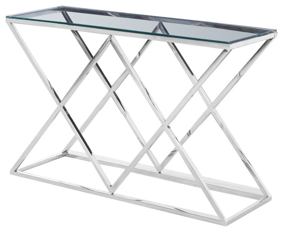 Mishie Angled Stainless Steel Clear Glass Sofa Table, E48, Silver
