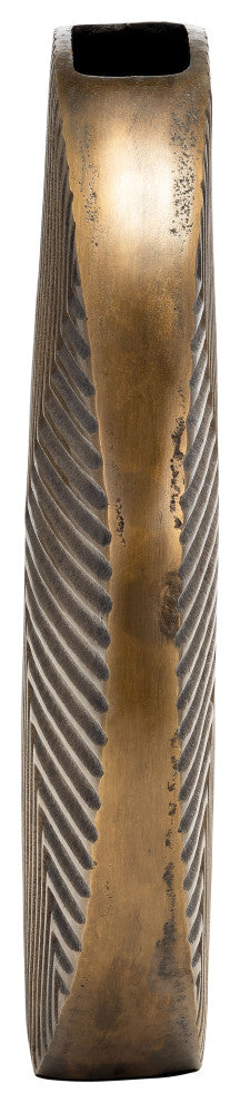 Metal, 13"H Round Ribbed Vase, Brass Antique