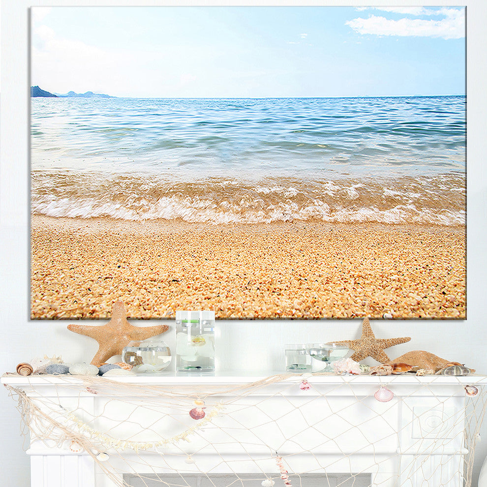 "Blue Seashore With Pebble Stones" Modern Seascape Wall Art, 1 Panel, 60"x28"