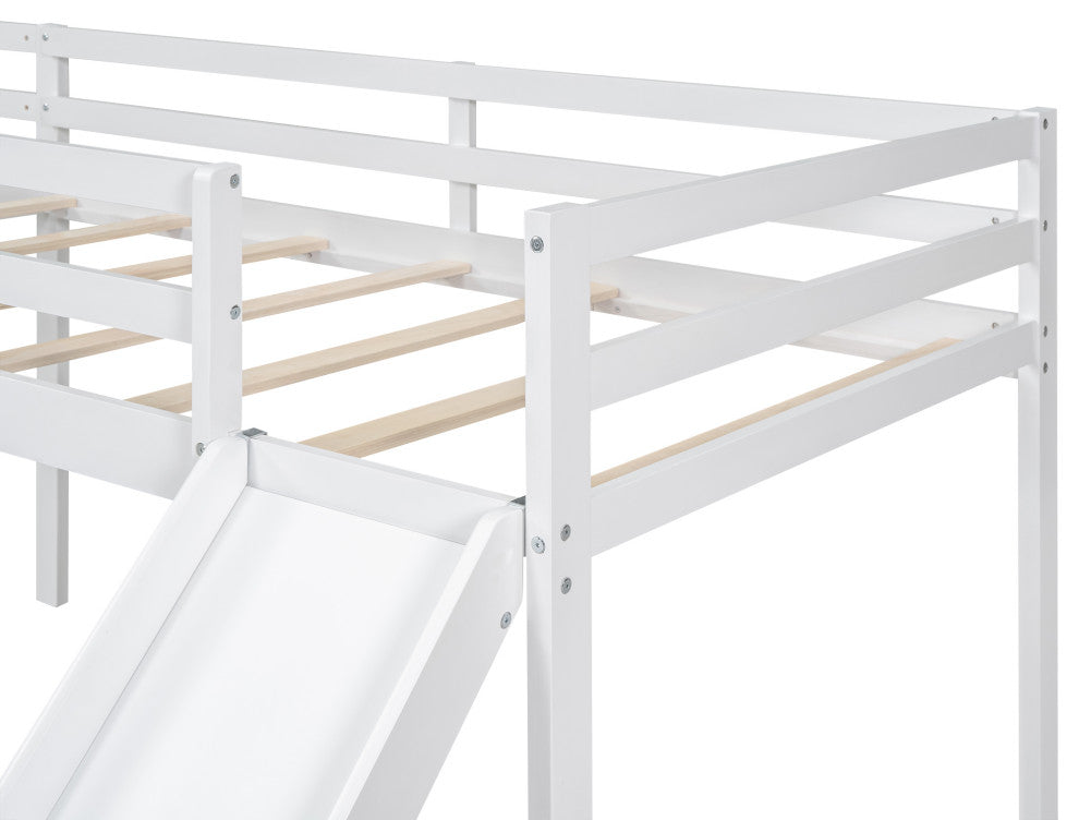 L-Shaped Twin Size Loft Bed with Ladder and Slide (No mattress), White