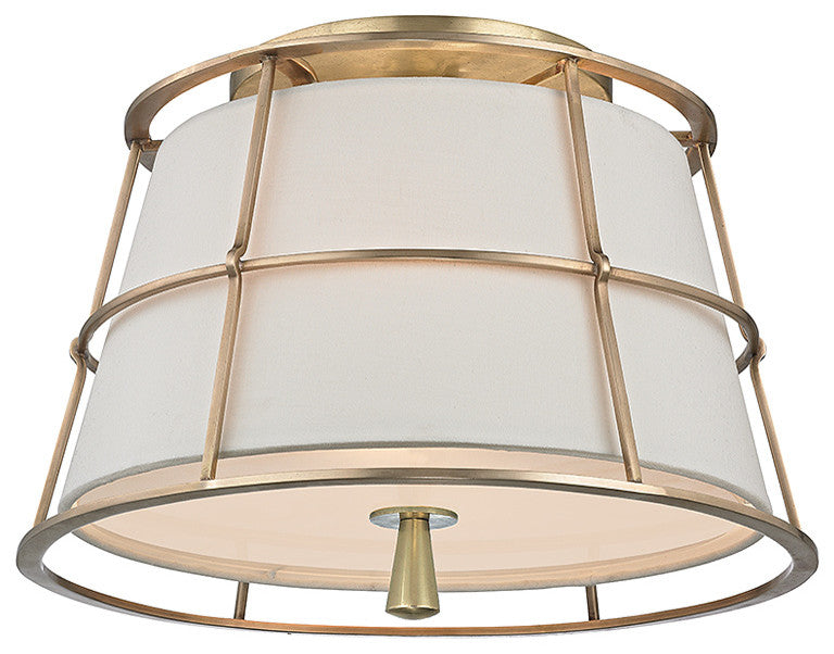 Savona, Two Light Semi Flush, Aged Brass Finish, Linen Shade