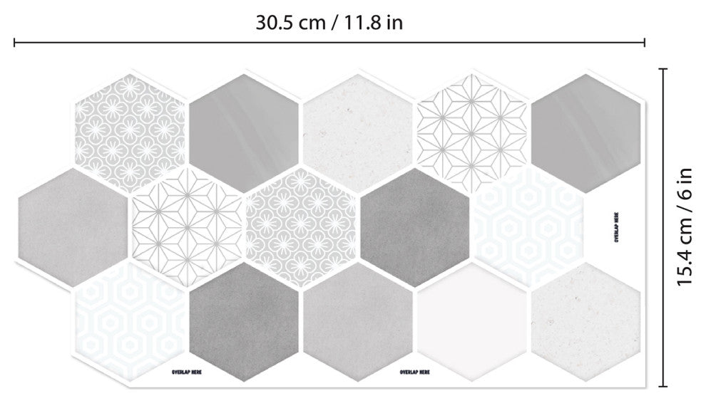 12"x6" Honey Hexa Grey Glossy 3D Tile Stickers, Set of 12