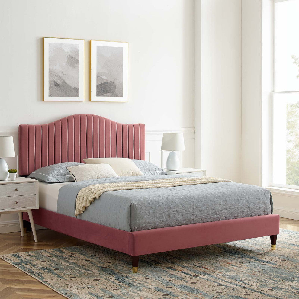 Juniper Channel Tufted Performance Velvet King Platform Bed, Dusty Rose