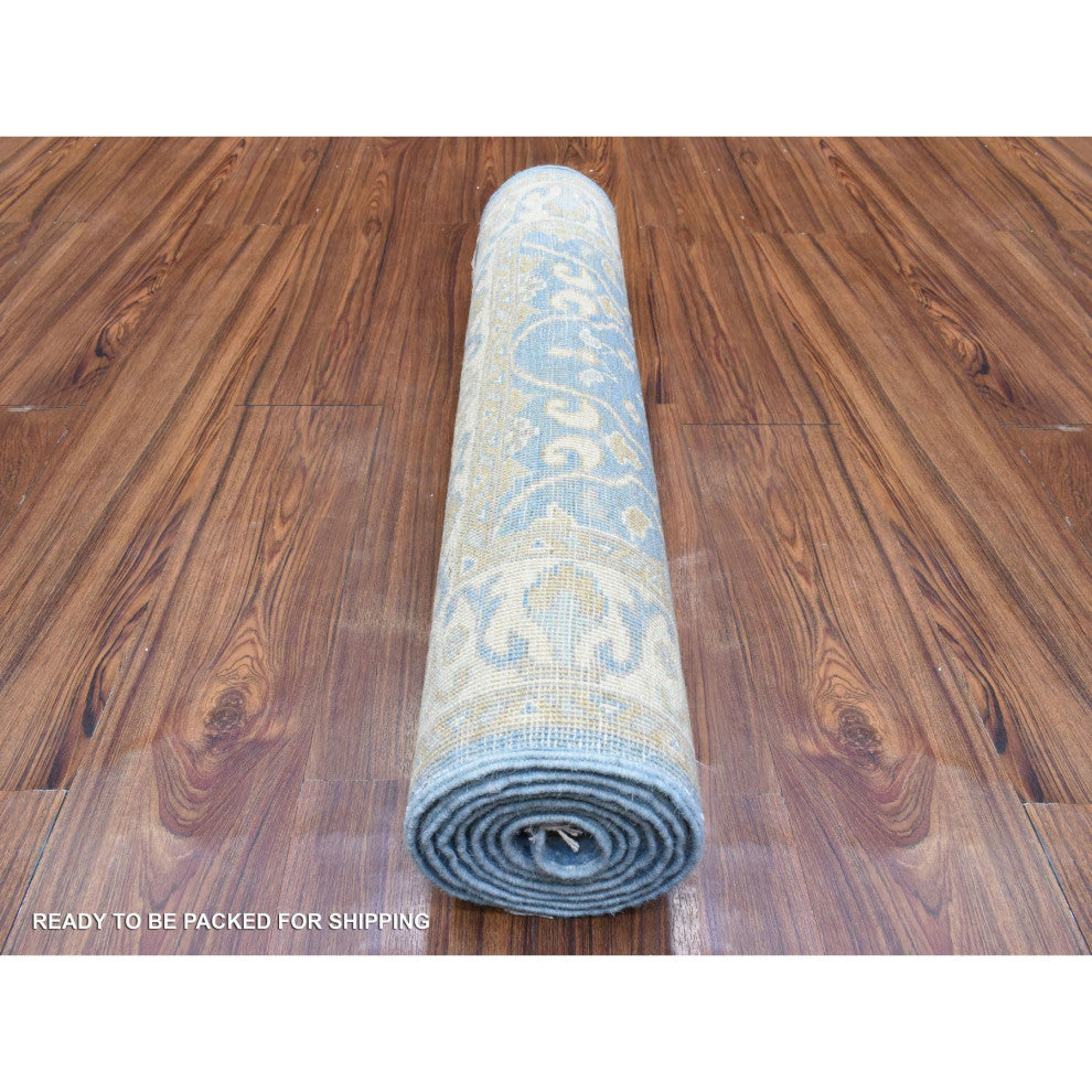 Light Blue, Fine Peshawar Velvety Wool Hand Knotted Runner Rug, 2'7"x7'7"