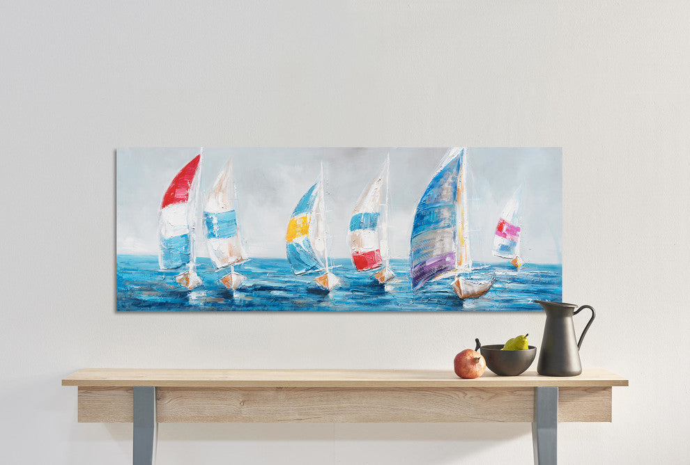 "Colorful Sailboats I" Hand Painted Canvas Art, 60"x20"