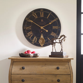 Large London Round Brass Pendulum Wall Clock, Black Crackled Face