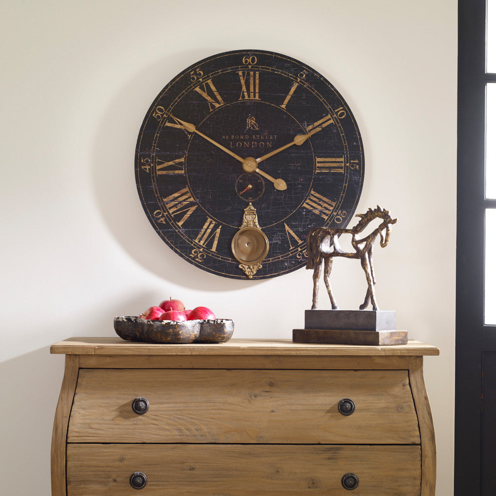 Large London Round Brass Pendulum Wall Clock, Black Crackled Face